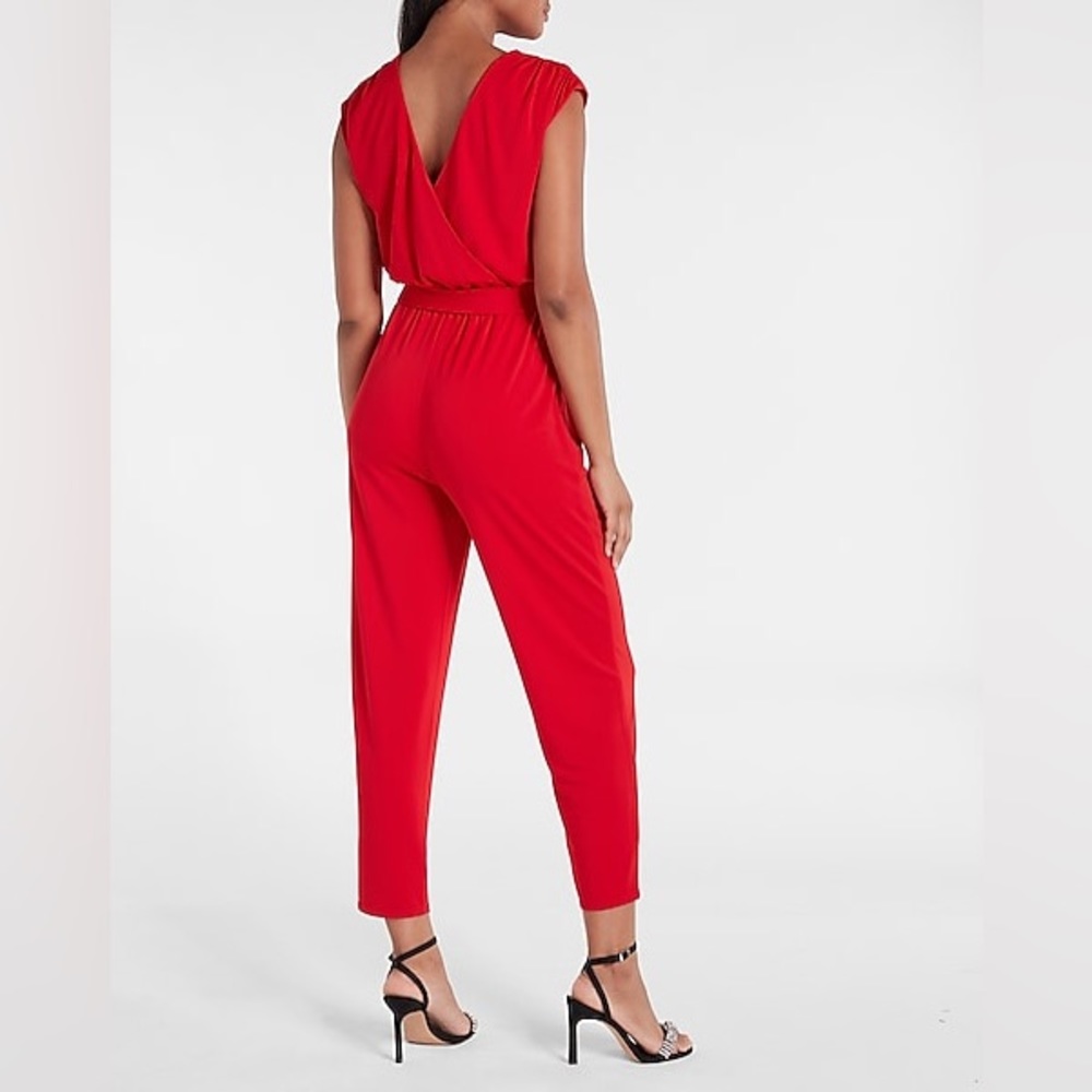Smooth Matte Jersey Low Back Red Jumpsuit - Picture 2 of 9